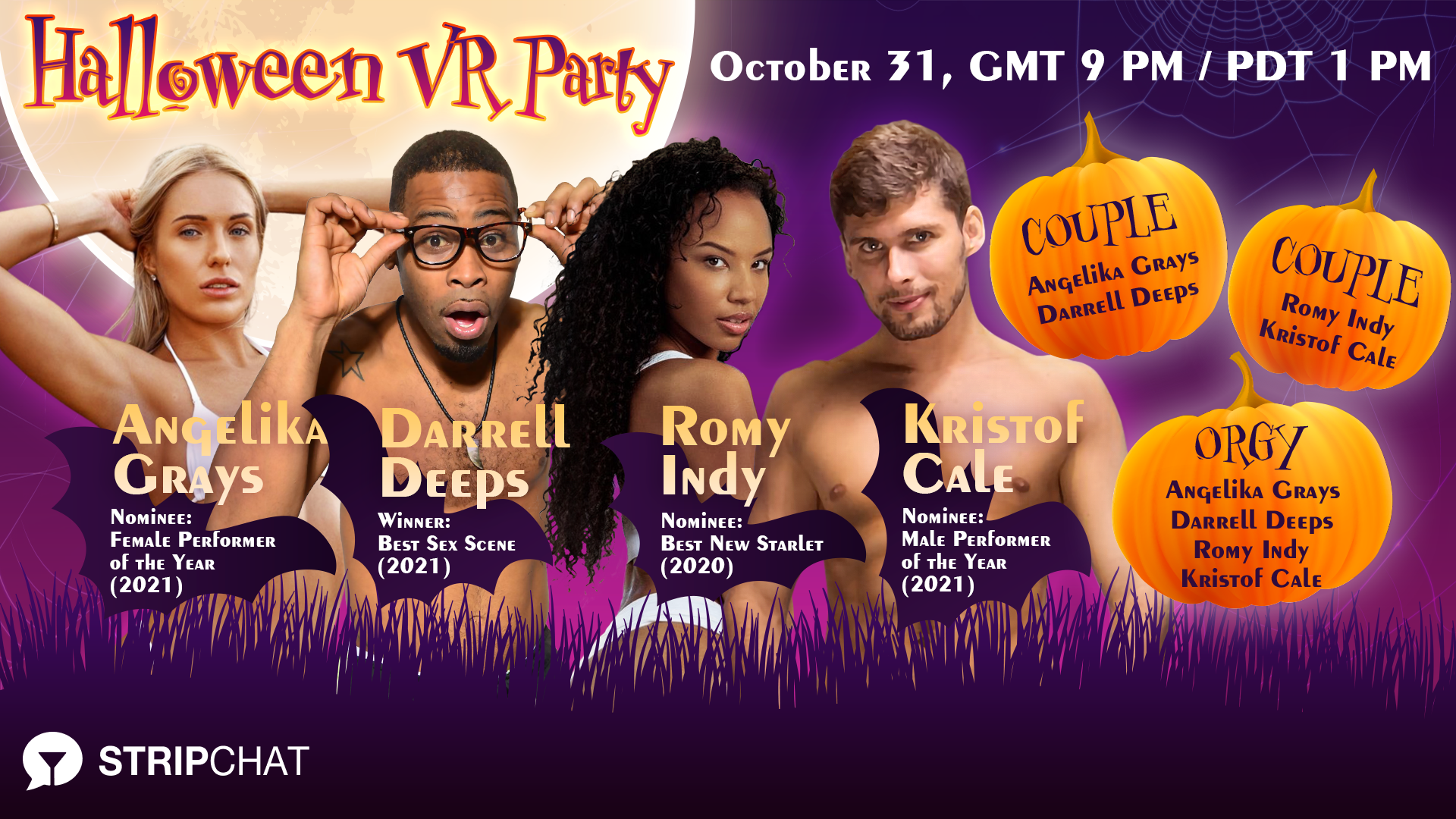 Pornstars Romy Indy, Angelika Grays, Darrell Deeps, and Kristof Cale in a  Halloween VR Party